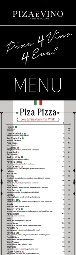 Piza e Vino Menu South Africa PIZZA