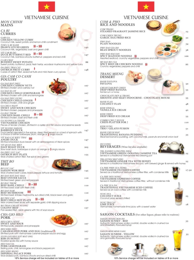 Saigon Rivonia Menu With Updated Prices in South Africa 