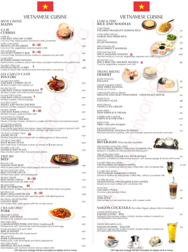 Saigon Rivonia Menu With Updated Prices in South Africa