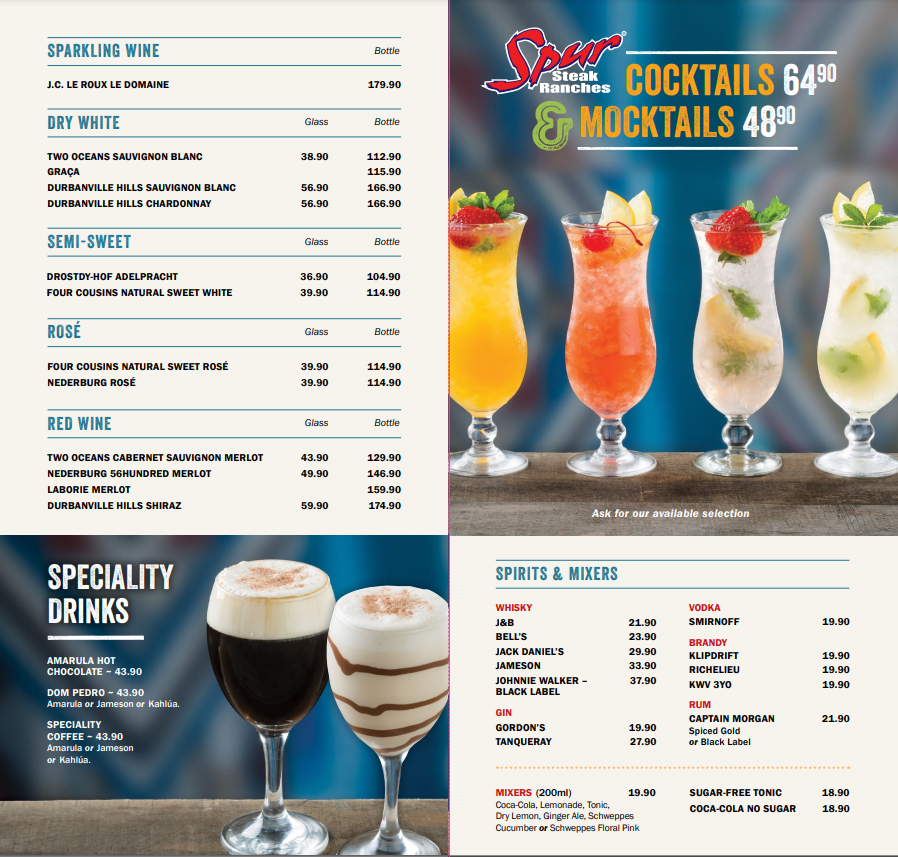 Spur Cocktail Menu With Updated Prices in South Africa