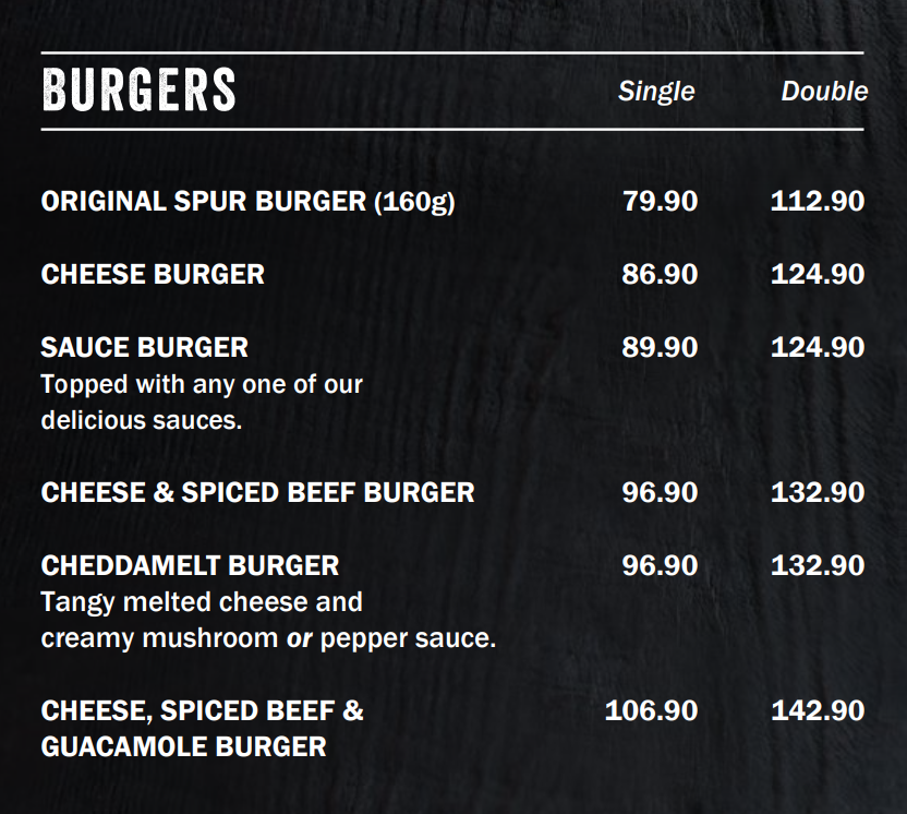 Spur Menu South Africa Burgers