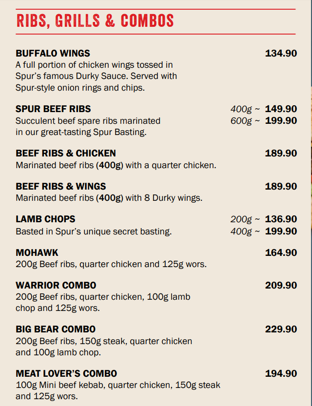 Spur Menu South Africa Ribs Grills & Combos