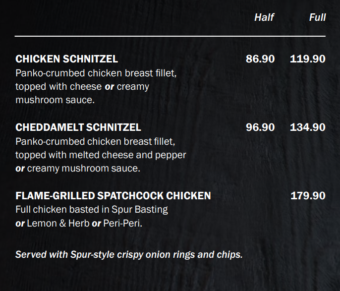 Spur Menu South Africa Schnitzels