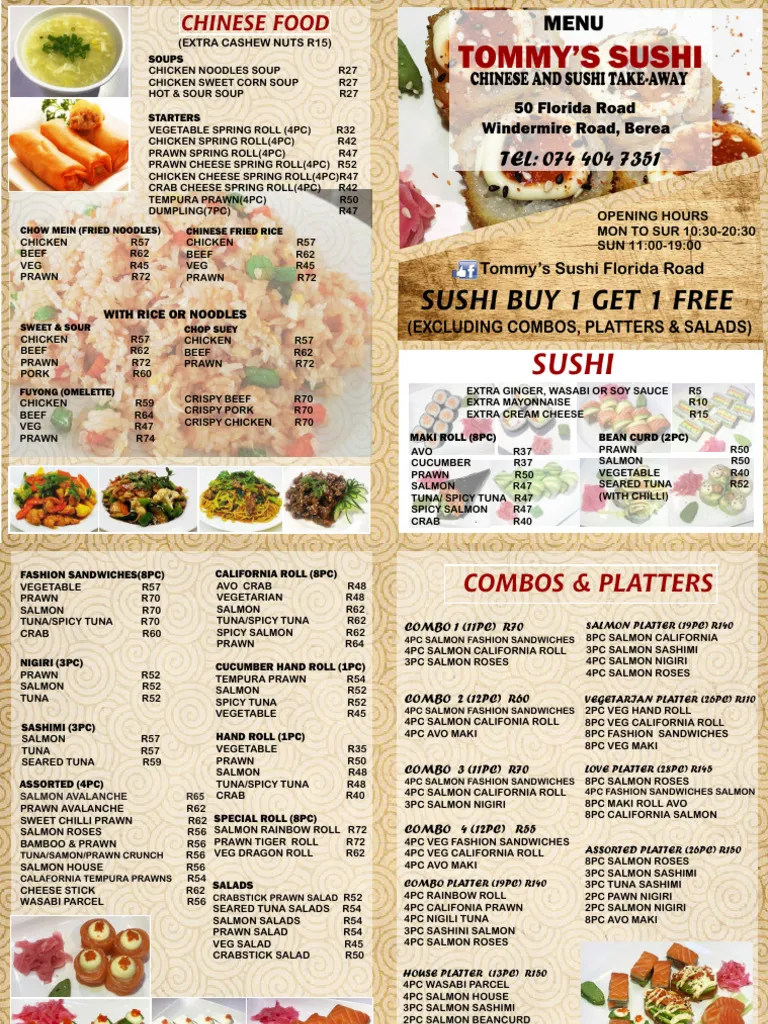 Tommys Sushi Menu With Updated Prices in South Africa