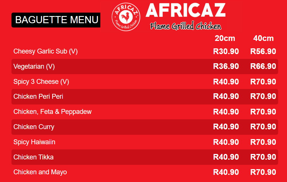 Africaz Baguette Menu