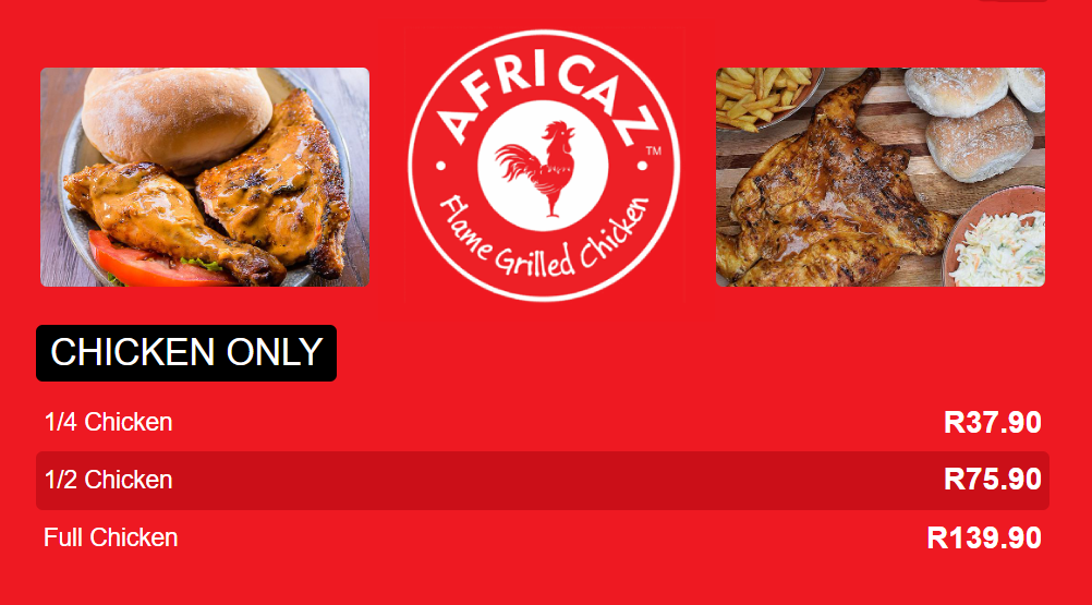 Africaz Chicken Only Menu