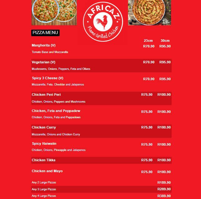 Africaz Pizza Menu