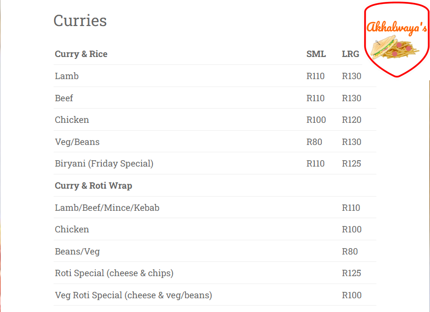 Akhalwaya’s Robertsham Curries Menu