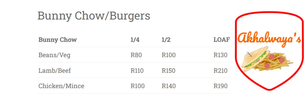 Akhalwaya’s Robertsham Menu Bunny Chow 