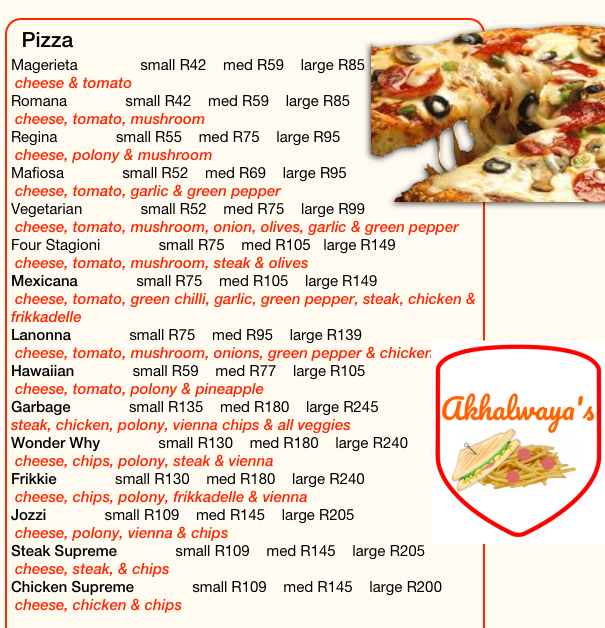 Akhalwaya’s Robertsham Menu Clay Oven Pizzas