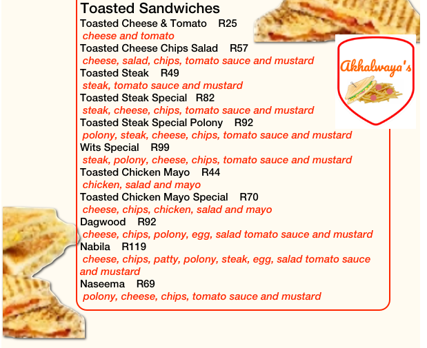 Akhalwaya’s Robertsham Menu Toasted Sandwiches – Regular