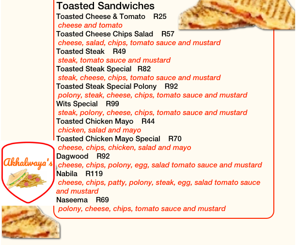 Akhalwaya’s Robertsham Menu Toasted Sandwiches – Special