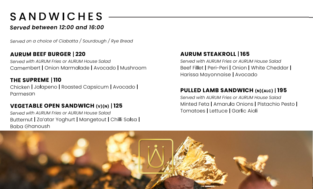 Aurum Restaurant Menu Sandwiches