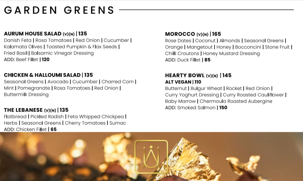 Aurum Restaurant Menu Garden Greens – Salads