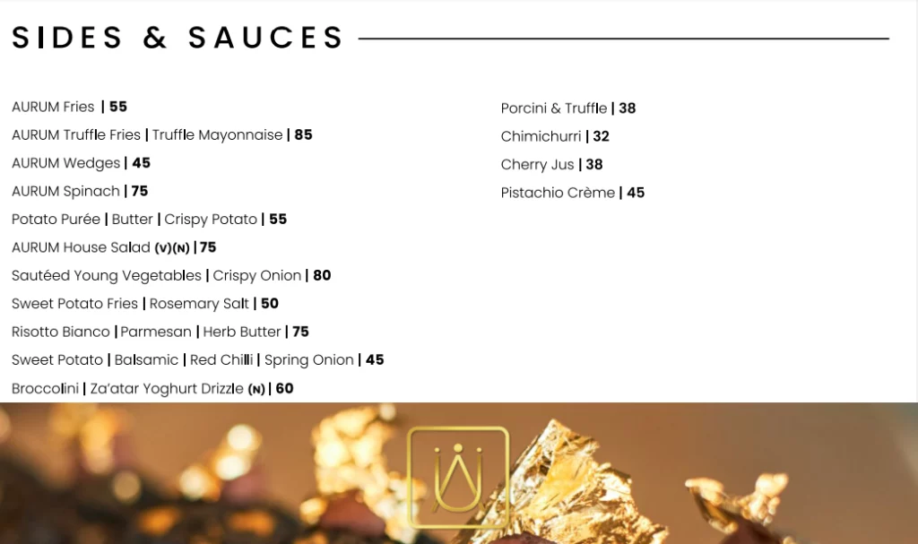 Aurum Restaurant Menu Sauces