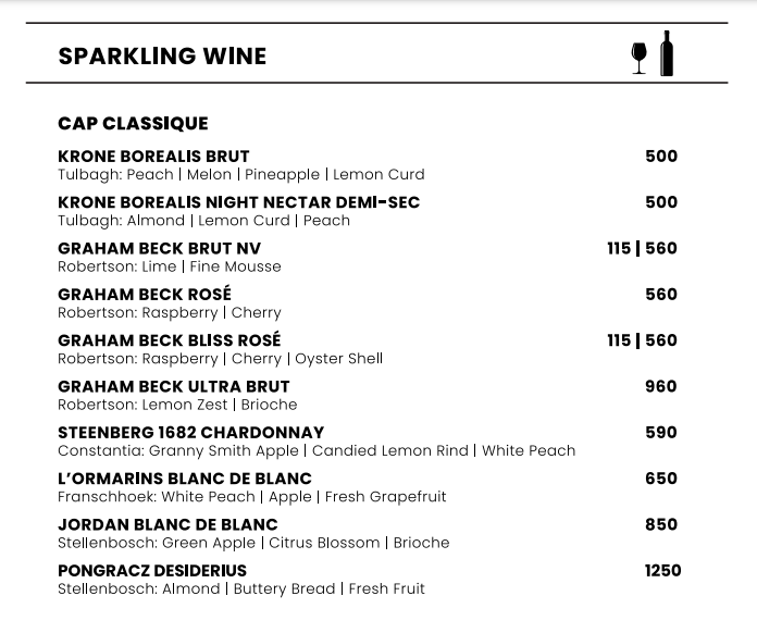 Aurum Restaurant Menu Sparkling Wines