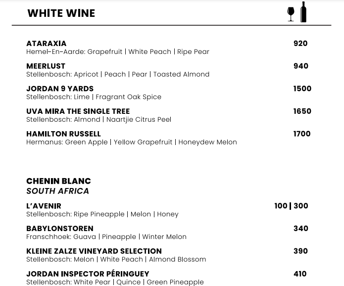 Aurum Restaurant Menu White Wine