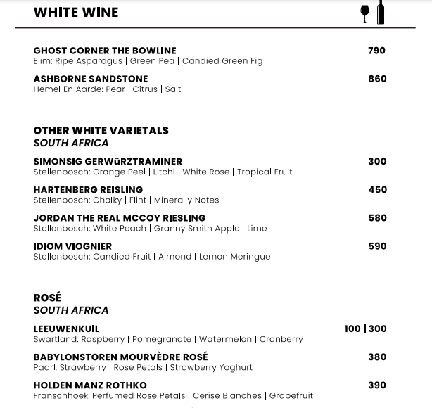 Aurum Restaurant Menu White Wine