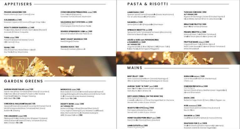 Aurum Restaurant Menu With Updated Prices in South Africa