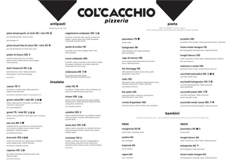 Col’Cacchio Pizzeria Menu With Updated Prices in South Africa