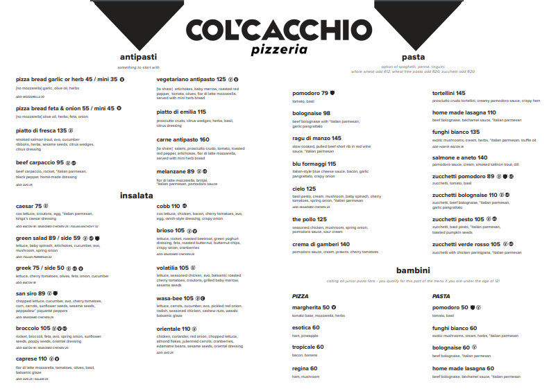 Col’Cacchio Pizzeria Menu With Updated Prices in South Africa