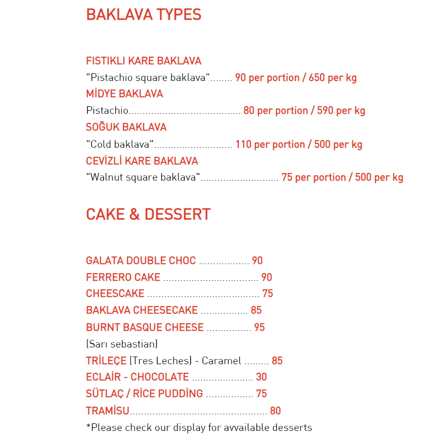 Galata Menu Baklava Dessert