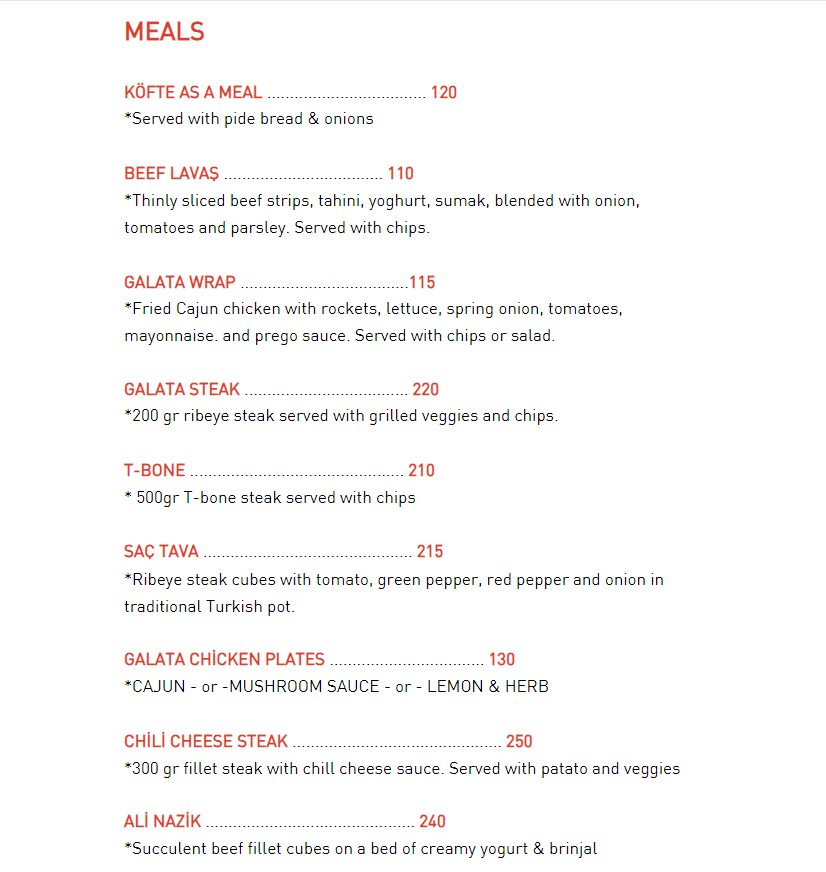 Galata Menu Meals