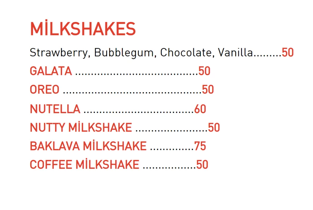 Galata Menu Milkshakes