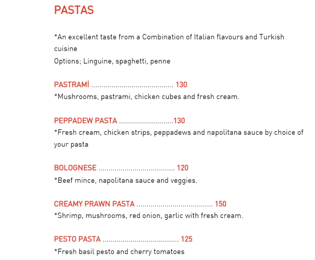 Galata Menu Pasta