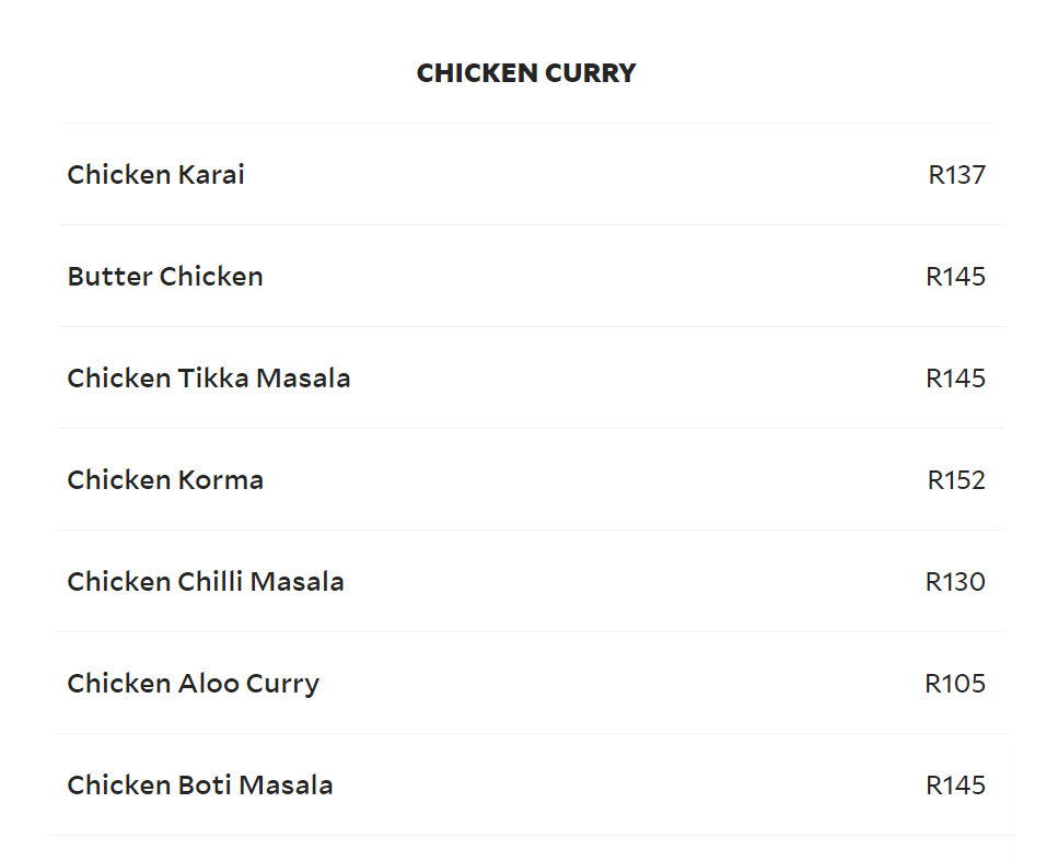 Green Chilli Cornubia Menu Chicken Curry