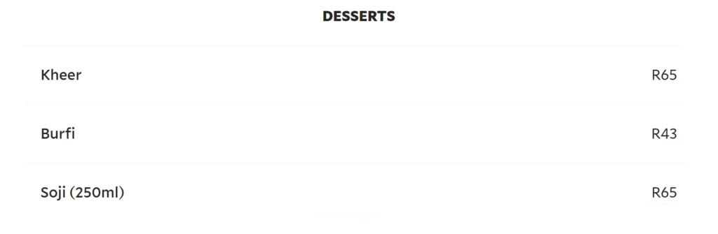 Green Chilli Cornubia Menu Desserts