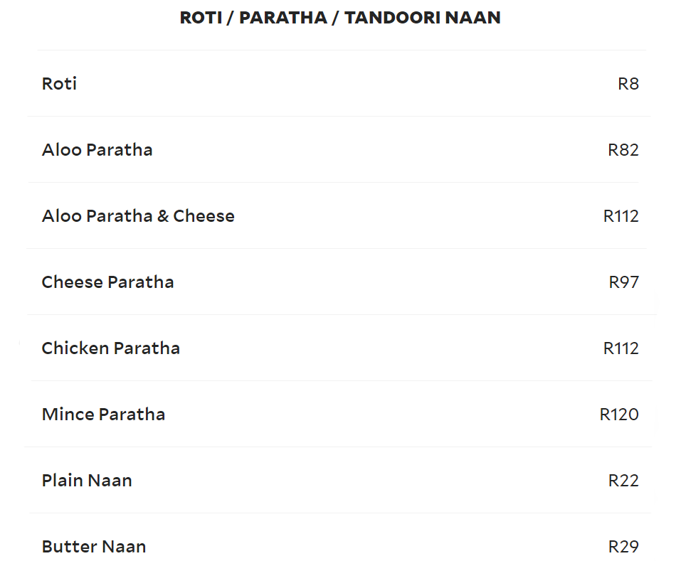 Green Chilli Cornubia Menu Roti / Paratha / Tandoori Naan