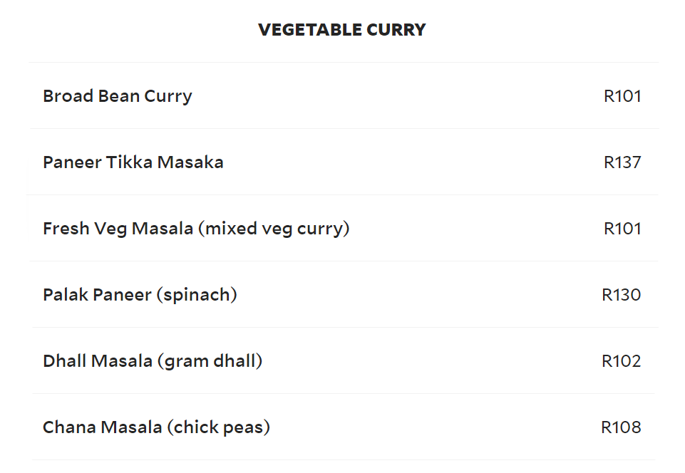 Green Chilli Cornubia Menu Vegetable Curry