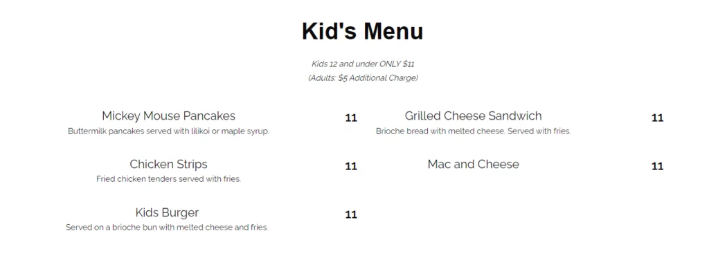 Kauai Kids Menu