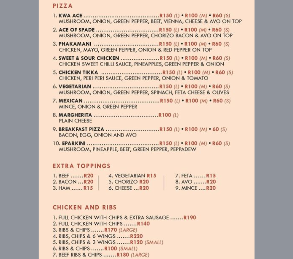 Kwa Ace Kitchen Menu Pizza Menu