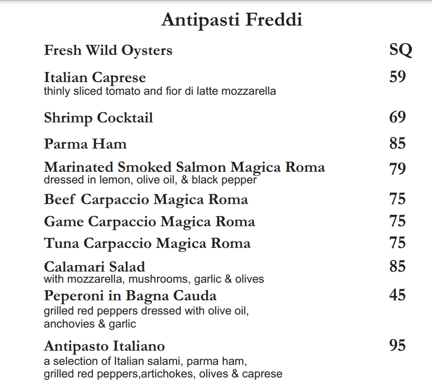 Magica Roma Antipasti Freddi Menu