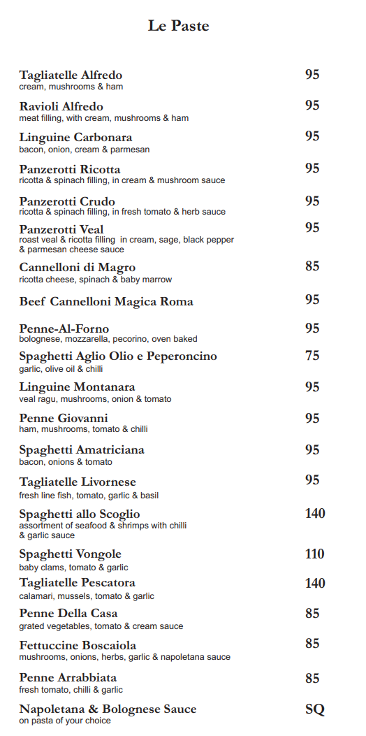 Magica Roma Le Paste Menu