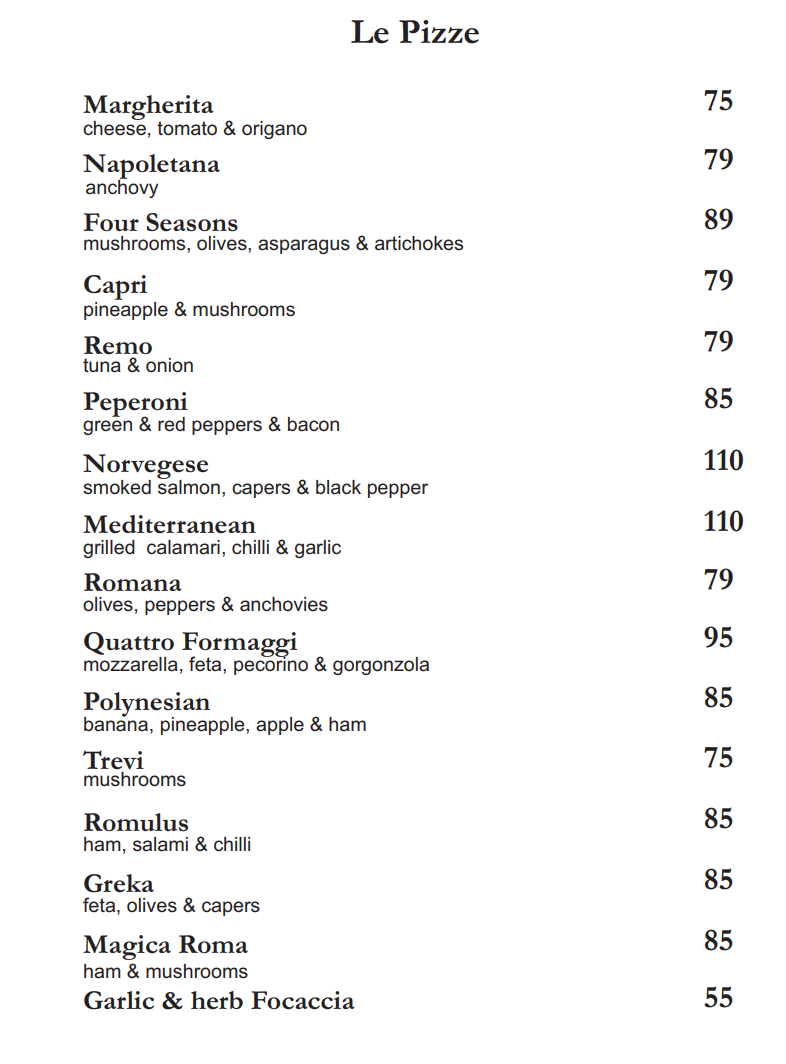 Magica Roma Le Pizze Menu