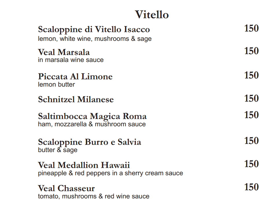 Magica Roma Vitello Menu