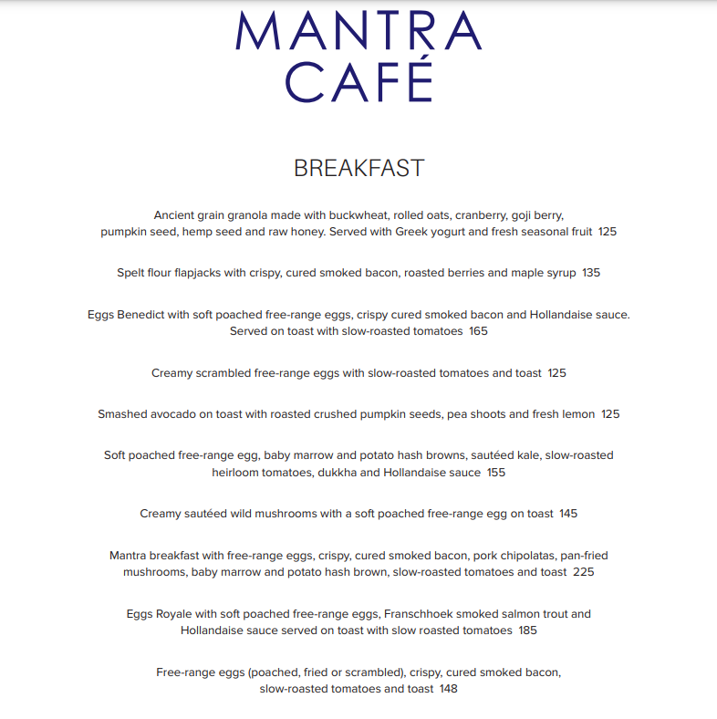 Mantra Cafe Breakfast Menu