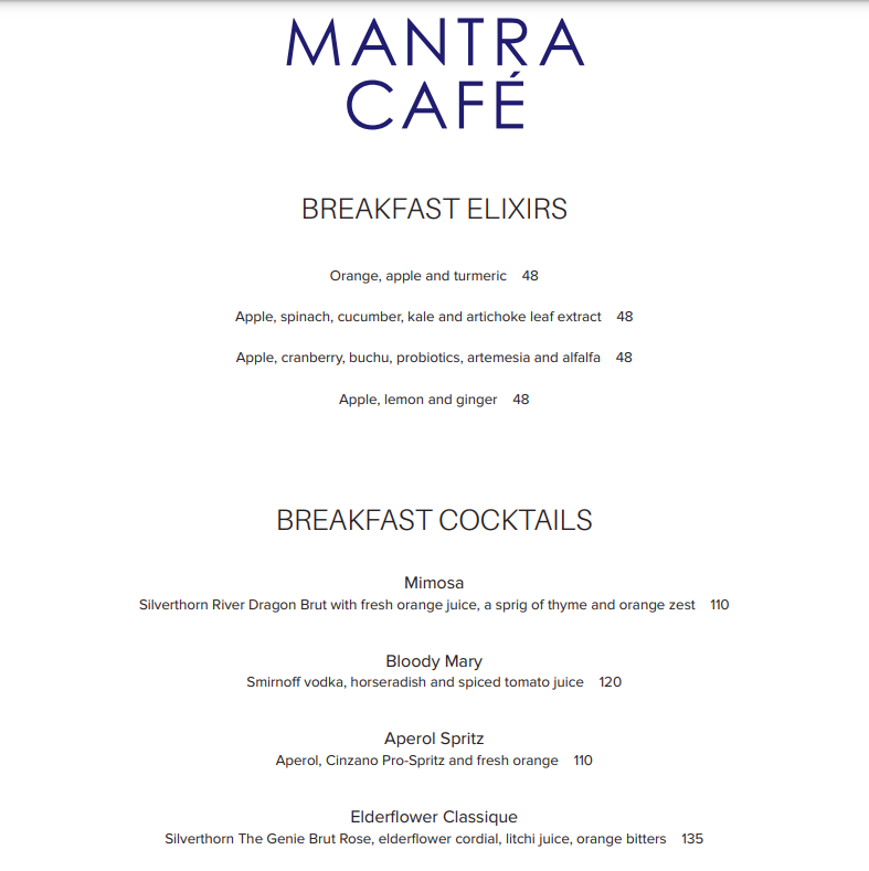 Mantra Cafe Breakfast Menu