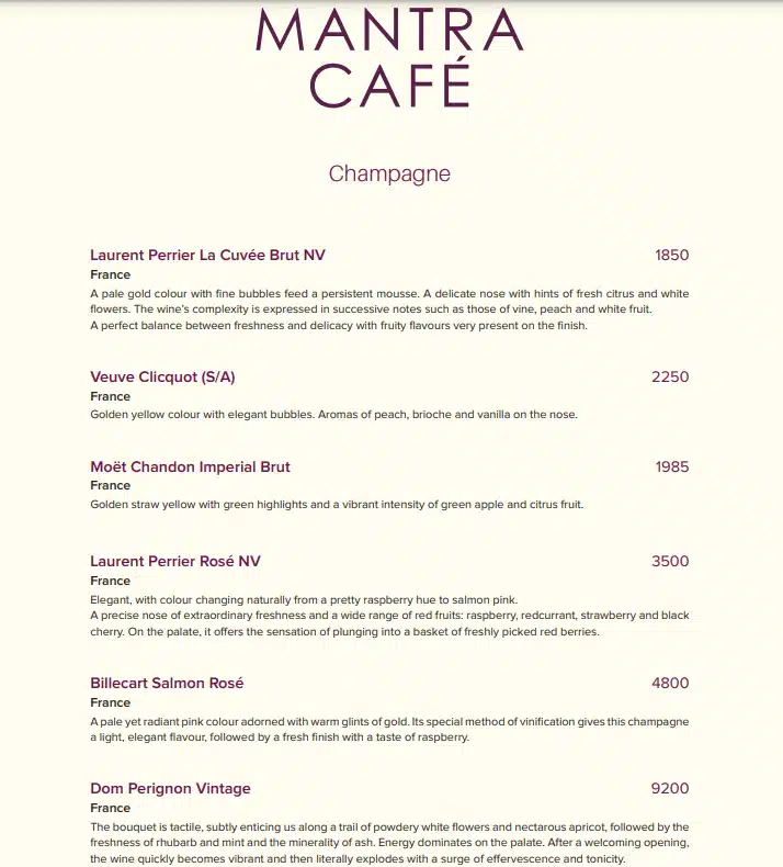 Mantra Cafe Champagne, MCC, and Prosecco Menu