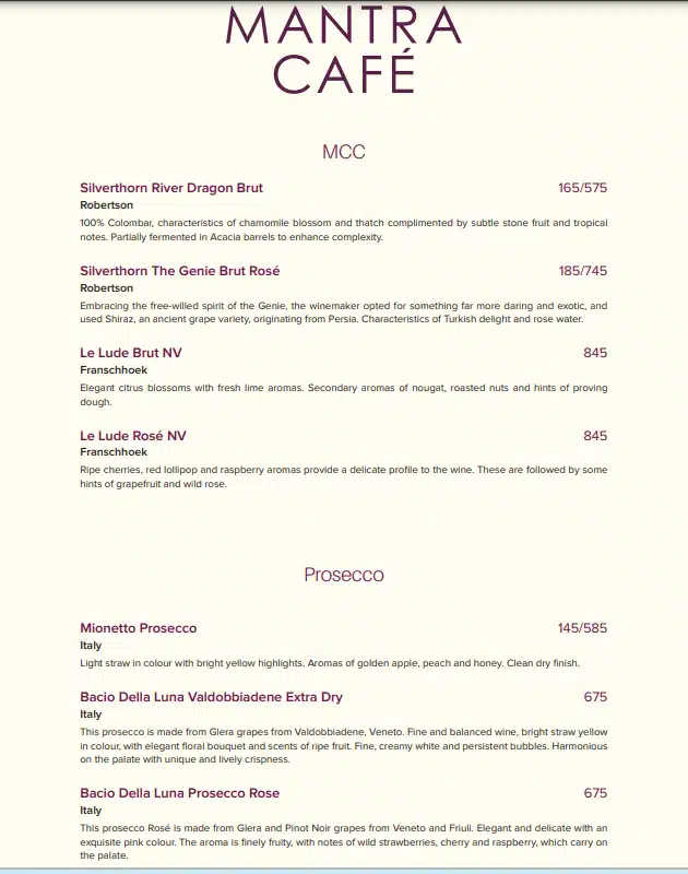 Mantra Cafe Champagne, MCC, and Prosecco Menu