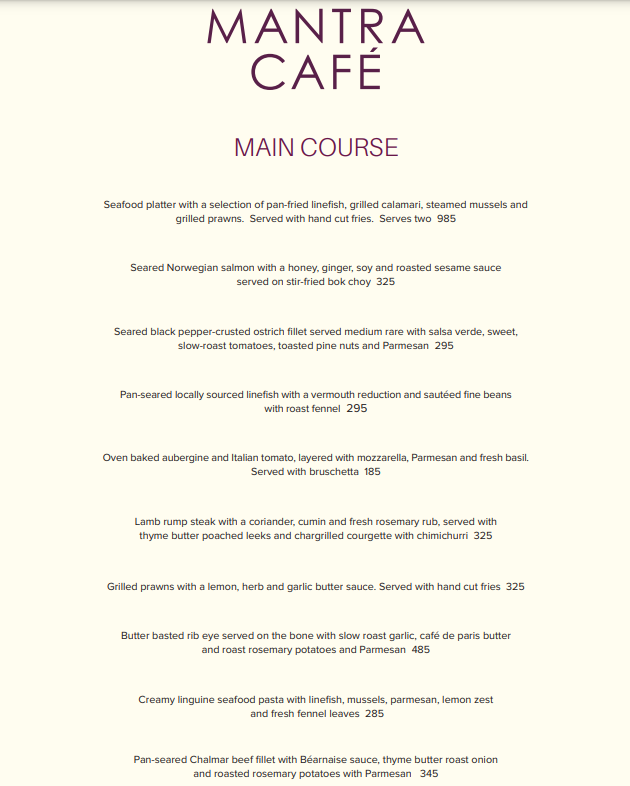 Mantra Cafe Dinner Menu