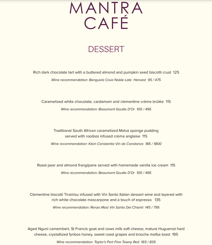 Mantra Cafe Lunch Desserts Menu