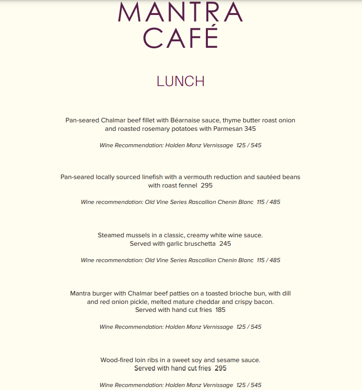 Mantra Cafe Lunch Menu