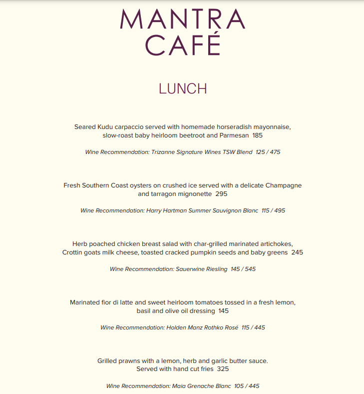 Mantra Cafe Lunch Menu