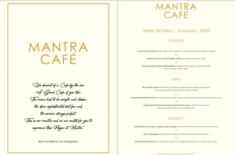 Mantra Cafe Menu With Updated Prices in South Africa