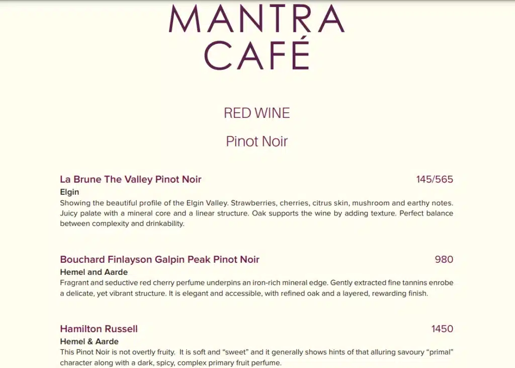 Mantra Cafe Red Wines Menu