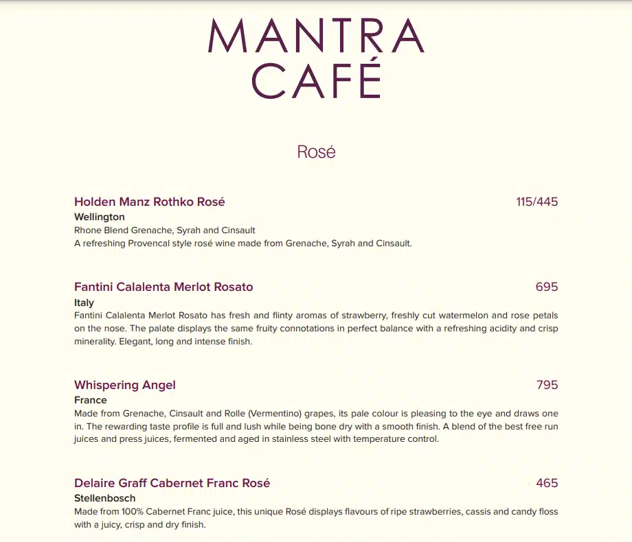 Mantra Cafe Rose Wines Menu